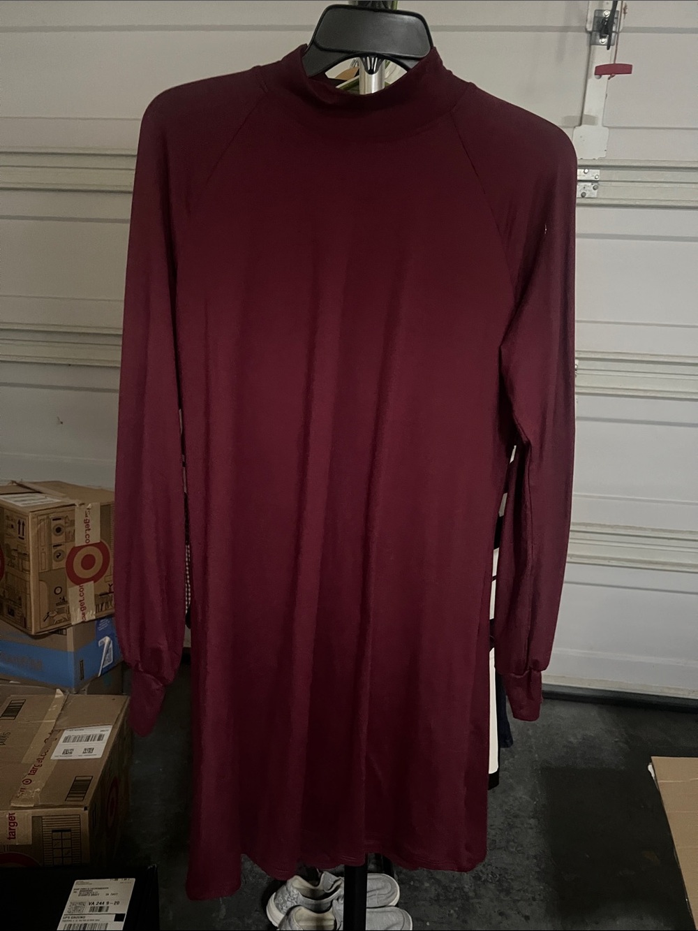 Women’s Long-Sleeve Mock Neck T-Shirt Dress - Burgundy